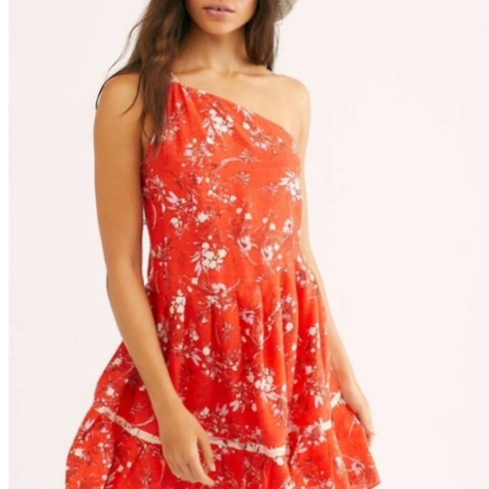 FREE PEOPLE One-Shoulder Red Floral Dress XS